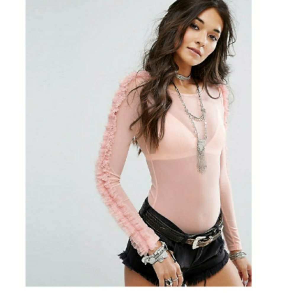 ASOS NWOT Sheer ruffled pink body suit